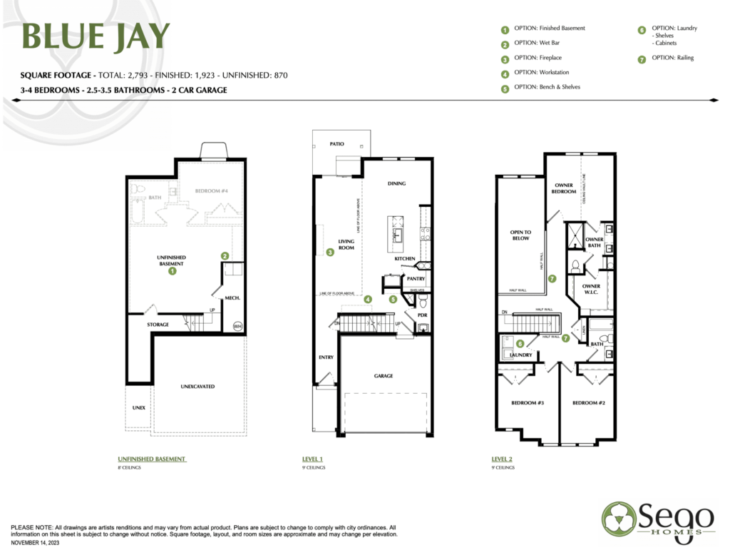 Blueprint for a two-story home labeled Blue Jay with optional features, including basement and laundry. Contains 3-4 bedrooms, 2.5-3.5 bathrooms, and a 2-car garage.